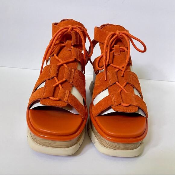 Sorel Joanie III Lace Up Wedge Sandals Orange Suede 70s Style Women’s 11 - Picture 4 of 16